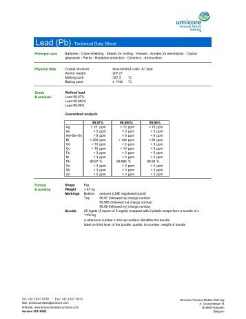 Lead (Pb)- Technical Data Sheet - Umicore Precious Metals Refining