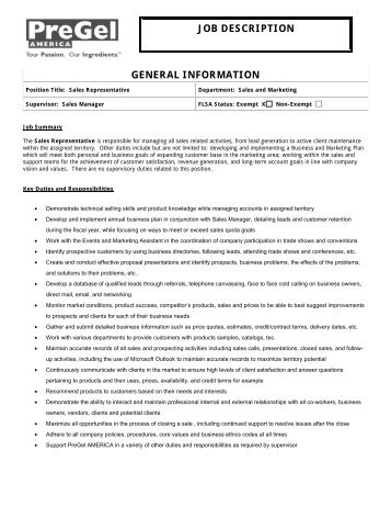 GENERAL INFORMATION JOB DESCRIPTION - PreGel America