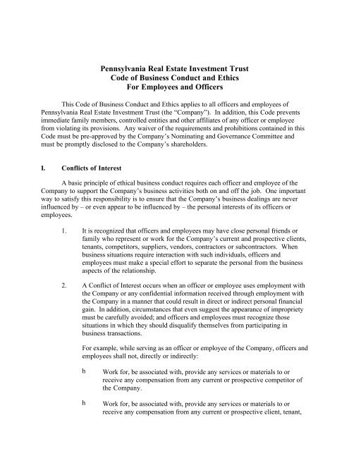 Code Of Business Conduct And Ethics For Employees And Officers Code Of Business Conduct And Ethics For Employees And Officers
