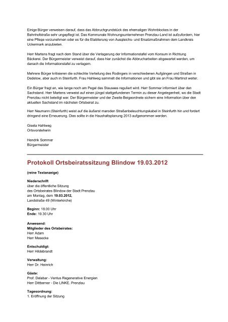 Protokoll Ortsbeiratssitzung GÃ¼stow 02.03.2012 - Stadt Prenzlau