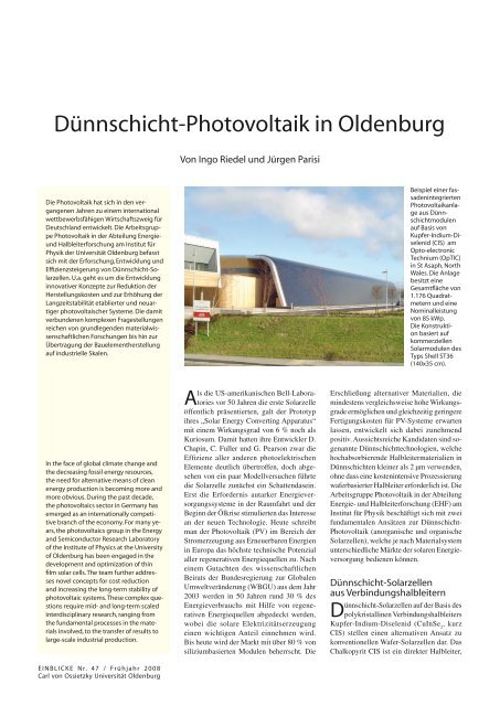 Dünnschicht-Photovoltaik in Oldenburg - Universität Oldenburg