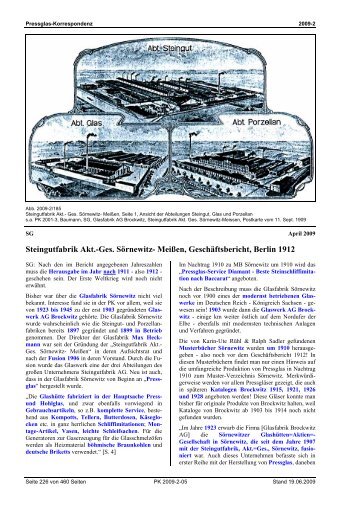 Steingutfabrik Akt. - Pressglas-Korrespondenz