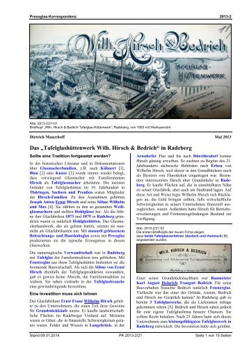 „Tafelglashüttenwerk W. Hirsch & Bedrich“ in Radeberg - Pressglas ...
