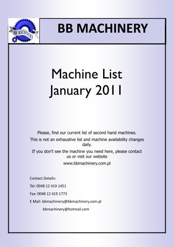 BB MACHINERY Machine List January 2011 - PressResale.com