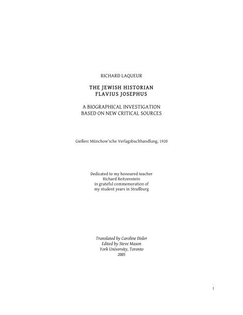 The Jewish Historian Flavius Josephus: A Biographical Investigation