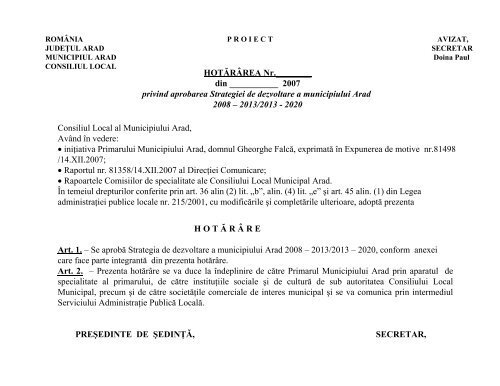 Proiectul de hotÄrÃ¢re privind aprobarea Strategiei de dezvoltare