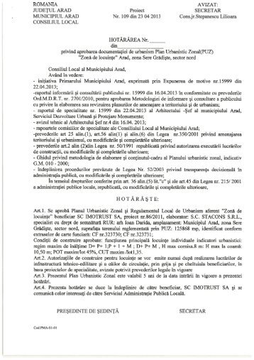 1. Proiect de hotÄrÃ¢re privind aprobarea Planului Urbanistic Zonal