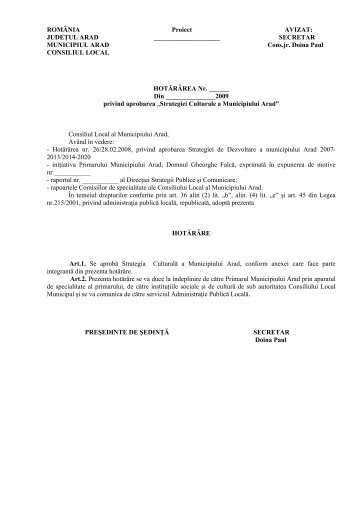 Proiect de hotÄrÃ¢re privind aprobarea - Primaria Municipiului Arad