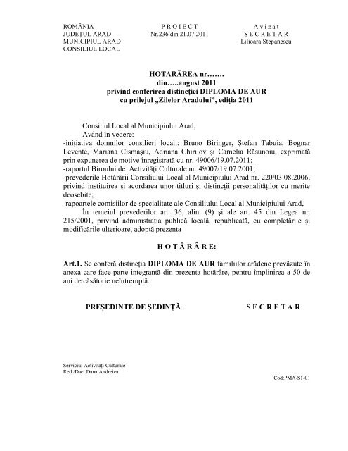 Zilelor Aradului - Primaria Municipiului Arad