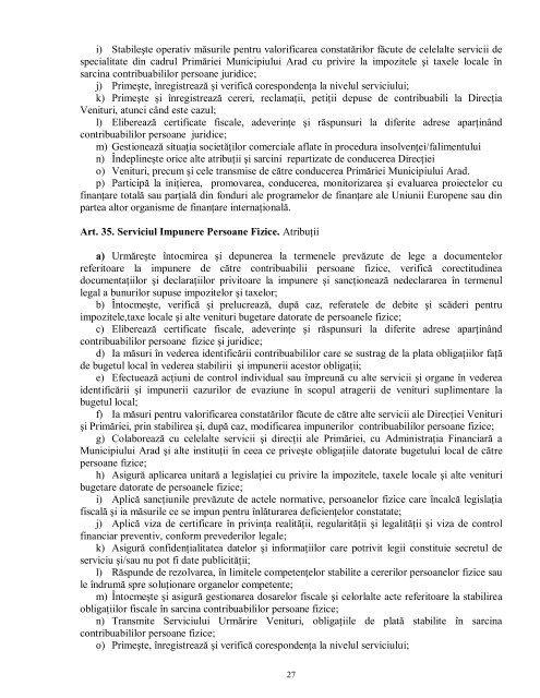 Regulamentul PrimÄriei - Primaria Municipiului Arad
