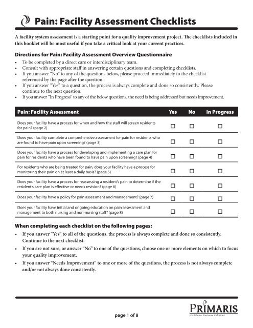 Pain: Facility Assessment Checklists - Primaris