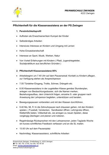 Pflichtenheft für die Klassenassistenz an der PS Zwingen