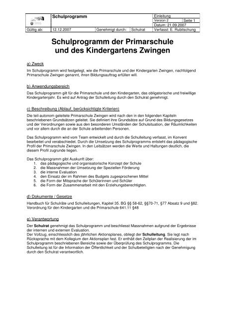 Schulprogramm der Primarschule und des Kindergartens Zwingen