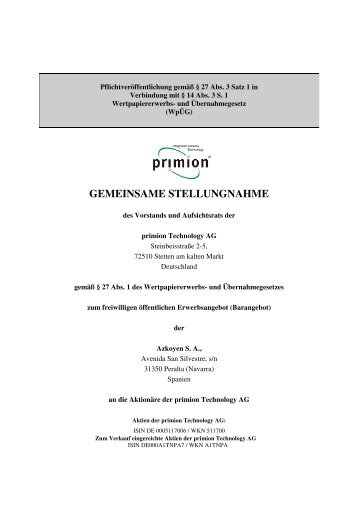 DE Gemeinsame Stellungnahme FINAL - primion Technology AG