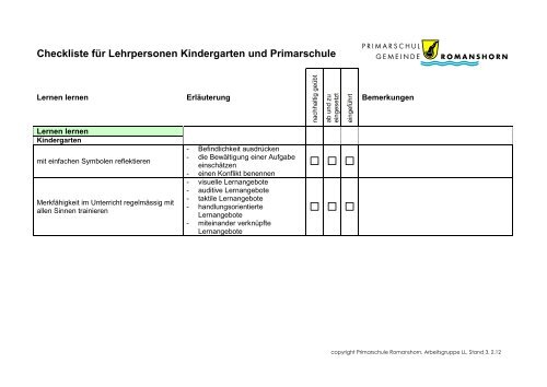 Checkliste für Lehrpersonen Kindergarten und Primarschule