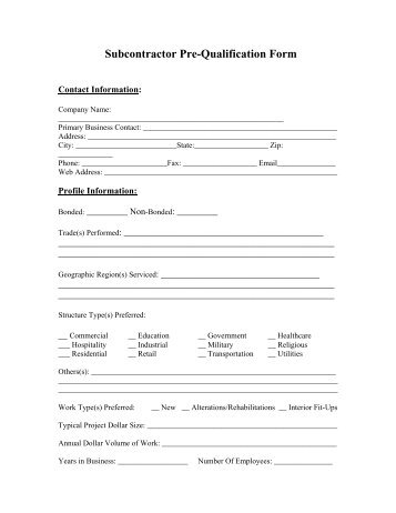 Subcontractor Pre Qualification Questionnaire Site Safe Subcontractor Prequalification Form Template