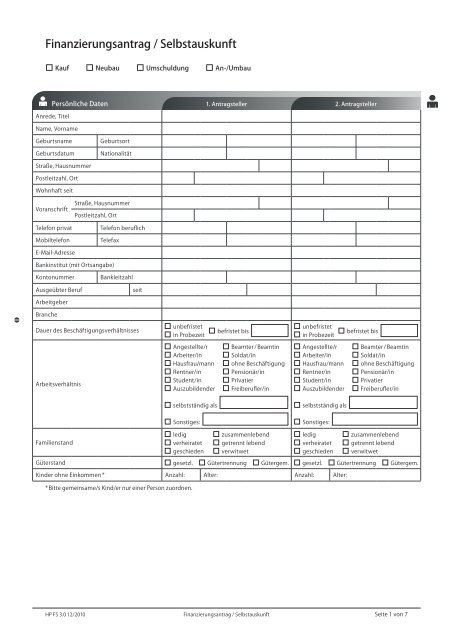 Finanzierungsantrag / Selbstauskunft - Baufinanzierung