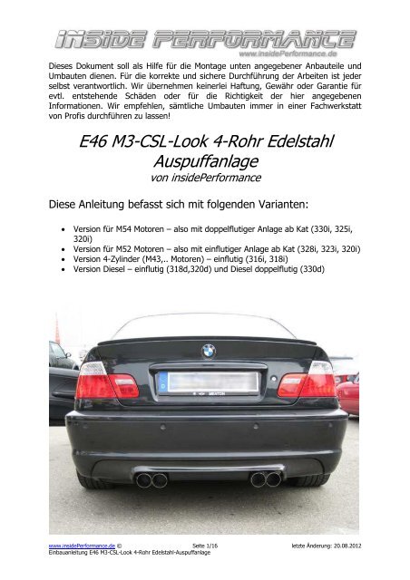 Einbau BMW 3er E46 4-Rohr Auspuffanlage M3-CSL Look
