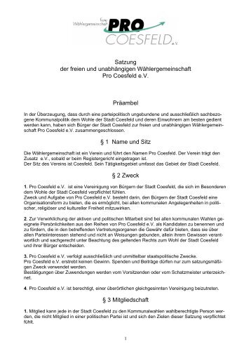 Satzung der freien und unabhÃ¤ngigen ... - Pro Coesfeld eV