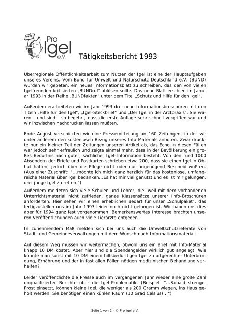 TÃ¤tigkeitsbericht 1993 - Pro Igel