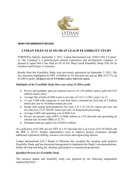 lydian files ni 43-101 heap leach feasibility study - Proactive Investors