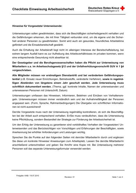 Checkliste Einweisung Arbeitssicherheit