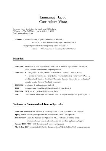 Emmanuel Jacob Curriculum Vitae - UniversitÃ© Pierre et Marie CURIE