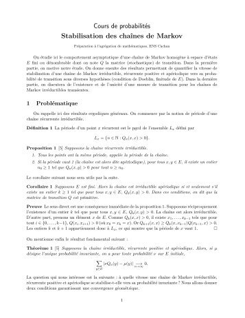 Cours de probabilitÃ©s Stabilisation des chaÃ®nes de Markov