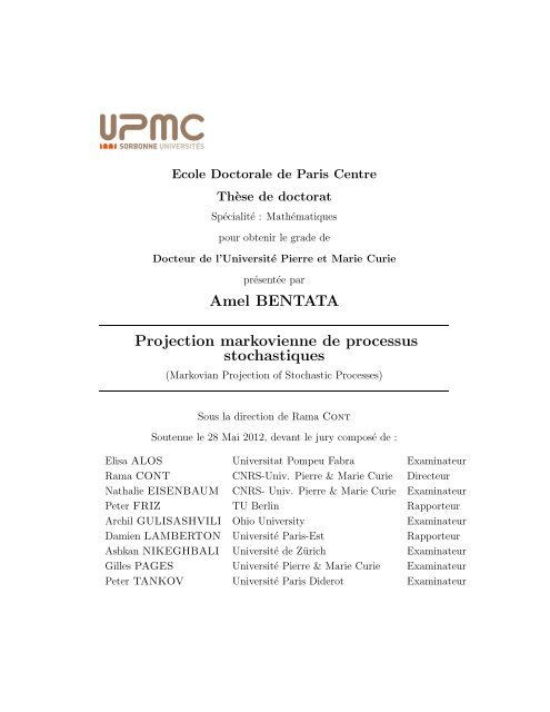 Amel BENTATA Projection markovienne de processus stochastiques