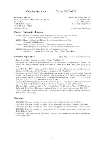 Curriculum vitÃ¦ Vivien LECOMTE - UniversitÃ© Pierre et Marie CURIE
