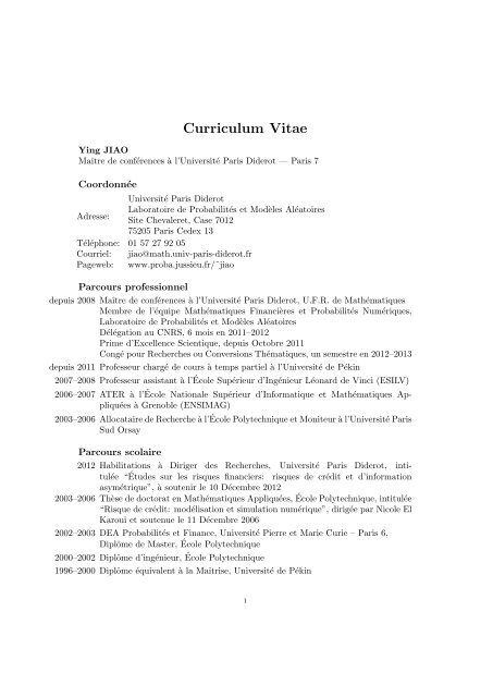 Curriculum Vitae - Laboratoire de ProbabilitÃ©s et ModÃ¨les AlÃ©atoires ...