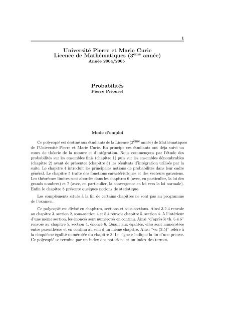 ProbabilitÃ©s - UniversitÃ© Pierre et Marie CURIE