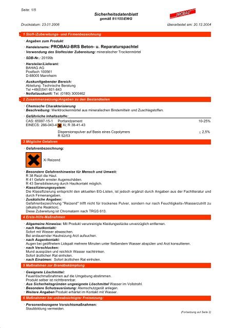 Sicherheitsdatenblatt Â· Handelsname: PROBAU-BRS Beton- u ...
