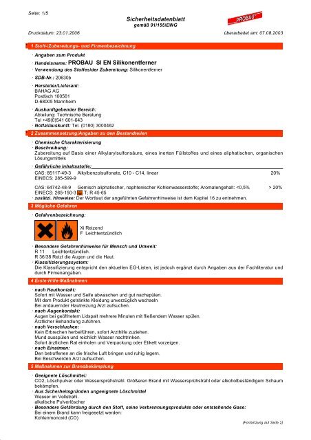 Sicherheitsdatenblatt Â· Handelsname: PROBAU SI EN Silikonentferner