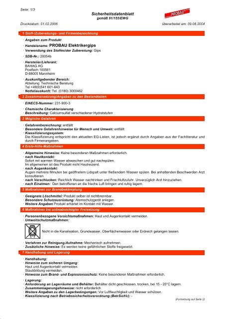 Sicherheitsdatenblatt Â· Handelsname: PROBAU Elektrikergips