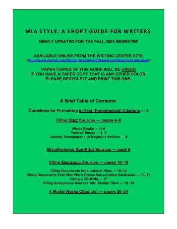 MLA STYLE: A SHORT GUIDE FOR WRITERS - ProCon.org