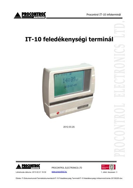 IT10 infoterminÃ¡l adatlap - Procontrol Electronics Kft.