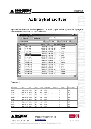 Entrynet adatlap - Procontrol Electronics Kft.