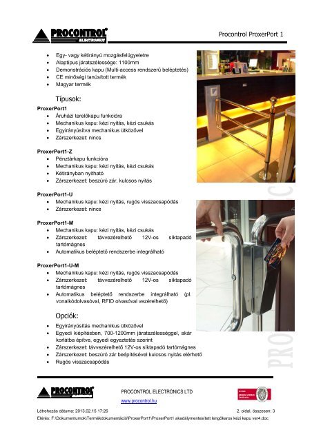 ProxerPort1 adatlap - Procontrol Electronics Kft.