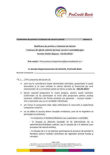 Selectie furnizor servicii creatie si design depunere ... - ProCredit Bank