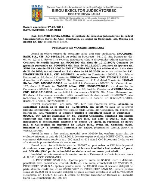 Dosare executare: 77,78/2012 DATA EMITERII ... - ProCredit Bank