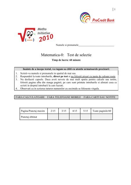 Matematica-0: Test de selectie - ProCredit Bank