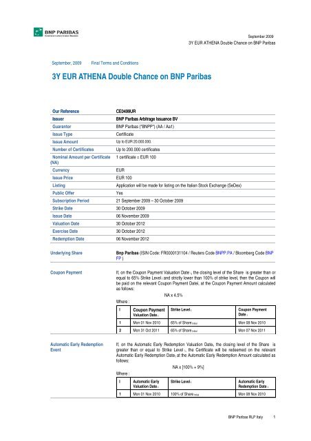 3Y EUR ATHENA Double Chance on BNP Paribas - Prodottidiborsa