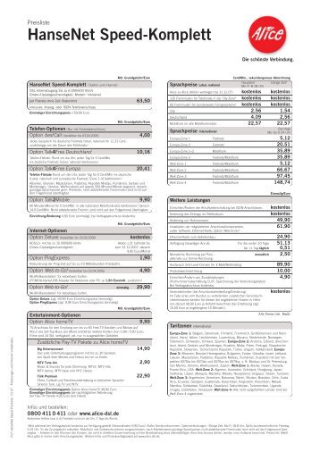 Preisliste Hansenet Speed Komplett