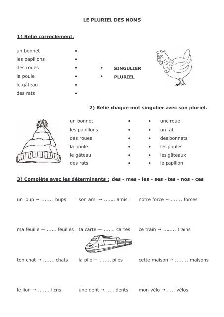 LE PLURIEL DES NOMS 1) Relie correctement. 2 ... - Professeur Phifix