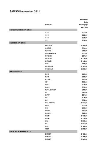 prijslijst Samson november 2011 - Calis Professional Audio