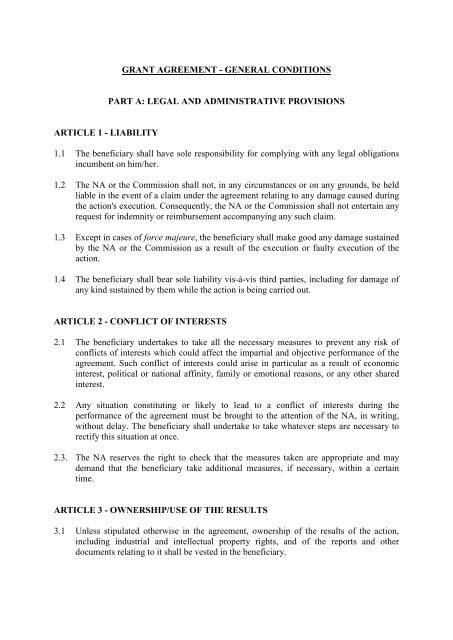 GRANT AGREEMENT - GENERAL CONDITIONS PART A: LEGAL ...
