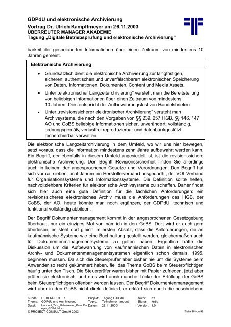 GDPdU und elektronische Archivierung - PROJECT CONSULT ...