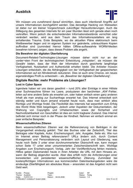 Handout - PROJECT CONSULT Unternehmensberatung Dr. Ulrich ...