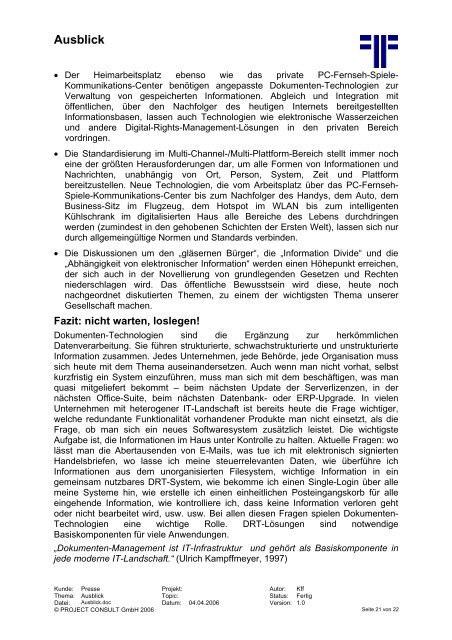 Handout - PROJECT CONSULT Unternehmensberatung Dr. Ulrich ...